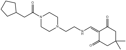 2-[({2-[4-(cyclopentylacetyl)-1-piperazinyl]ethyl}amino)methylene]-5,5-dimethyl-1,3-cyclohexanedione Struktur