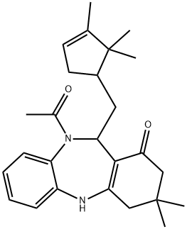 10-acetyl-3,3-dimethyl-11-[(2,2,3-trimethyl-3-cyclopenten-1-yl)methyl]-2,3,4,5,10,11-hexahydro-1H-dibenzo[b,e][1,4]diazepin-1-one Structure