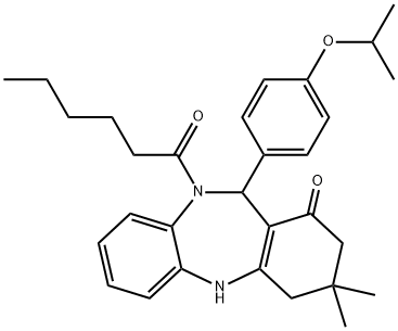 10-hexanoyl-11-(4-isopropoxyphenyl)-3,3-dimethyl-2,3,4,5,10,11-hexahydro-1H-dibenzo[b,e][1,4]diazepin-1-one Structure