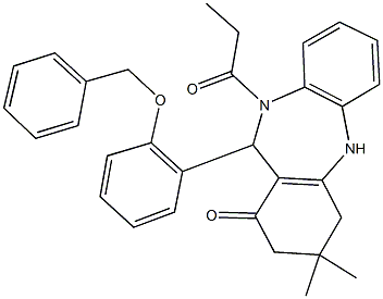 11-[2-(benzyloxy)phenyl]-3,3-dimethyl-10-propionyl-2,3,4,5,10,11-hexahydro-1H-dibenzo[b,e][1,4]diazepin-1-one Struktur