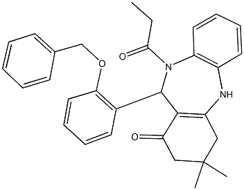 11-[2-(benzyloxy)phenyl]-3,3-dimethyl-10-propionyl-2,3,4,5,10,11-hexahydro-1H-dibenzo[b,e][1,4]diazepin-1-one,337503-34-1,结构式