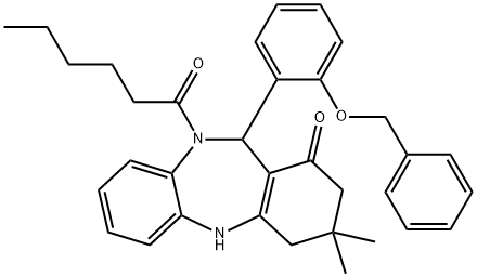 11-[2-(benzyloxy)phenyl]-10-hexanoyl-3,3-dimethyl-2,3,4,5,10,11-hexahydro-1H-dibenzo[b,e][1,4]diazepin-1-one Struktur