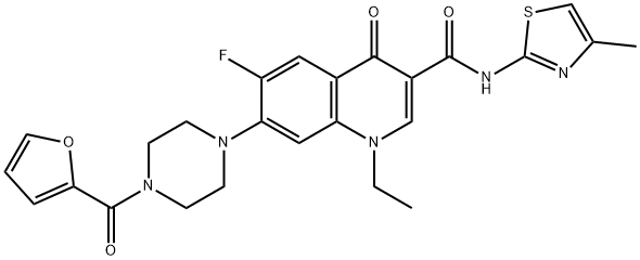 1-ethyl-6-fluoro-7-[4-(2-furoyl)-1-piperazinyl]-N-(4-methyl-1,3-thiazol-2-yl)-4-oxo-1,4-dihydro-3-quinolinecarboxamide Struktur