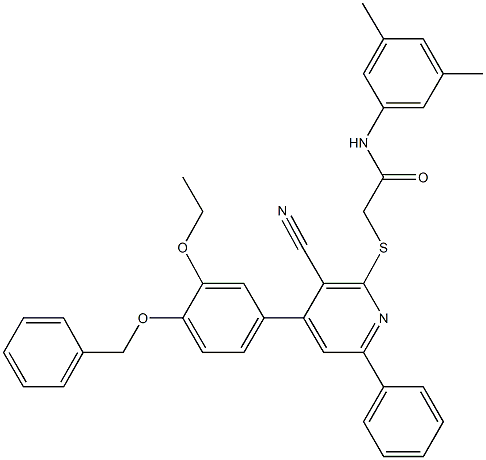 2-({4-[4-(benzyloxy)-3-ethoxyphenyl]-3-cyano-6-phenyl-2-pyridinyl}sulfanyl)-N-(3,5-dimethylphenyl)acetamide Struktur