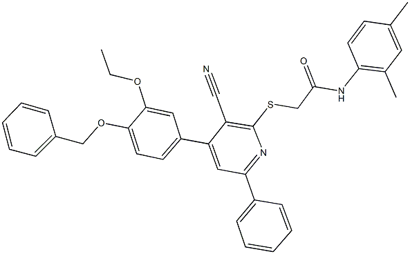 2-({4-[4-(benzyloxy)-3-ethoxyphenyl]-3-cyano-6-phenyl-2-pyridinyl}sulfanyl)-N-(2,4-dimethylphenyl)acetamide Struktur