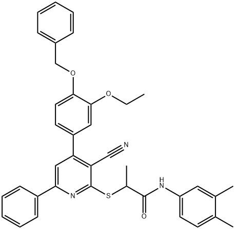 2-({4-[4-(benzyloxy)-3-ethoxyphenyl]-3-cyano-6-phenyl-2-pyridinyl}sulfanyl)-N-(3,4-dimethylphenyl)propanamide Struktur