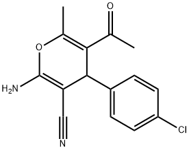 5-acetyl-2-amino-4-(4-chlorophenyl)-6-methyl-4H-pyran-3-carbonitrile Struktur