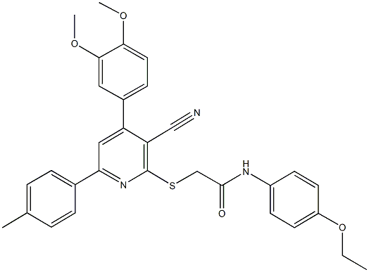 2-{[3-cyano-4-(3,4-dimethoxyphenyl)-6-(4-methylphenyl)-2-pyridinyl]sulfanyl}-N-(4-ethoxyphenyl)acetamide 结构式