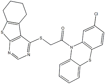 2-chloro-10-[(5,6,7,8-tetrahydro[1]benzothieno[2,3-d]pyrimidin-4-ylsulfanyl)acetyl]-10H-phenothiazine,338424-33-2,结构式