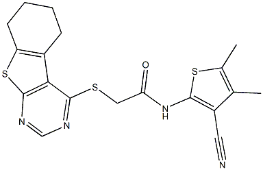 N-(3-cyano-4,5-dimethylthien-2-yl)-2-(5,6,7,8-tetrahydro[1]benzothieno[2,3-d]pyrimidin-4-ylsulfanyl)acetamide 化学構造式