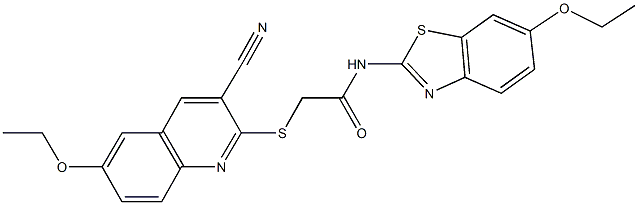 2-[(3-cyano-6-ethoxy-2-quinolinyl)sulfanyl]-N-(6-ethoxy-1,3-benzothiazol-2-yl)acetamide Struktur