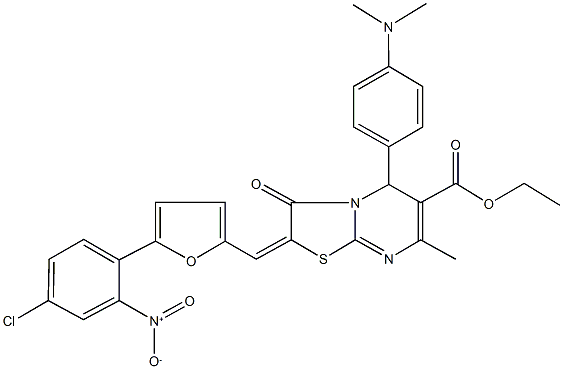 ethyl 2-[(5-{4-chloro-2-nitrophenyl}-2-furyl)methylene]-5-[4-(dimethylamino)phenyl]-7-methyl-3-oxo-2,3-dihydro-5H-[1,3]thiazolo[3,2-a]pyrimidine-6-carboxylate,339011-51-7,结构式