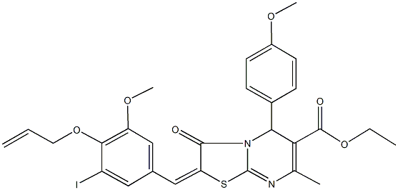 ethyl 2-[4-(allyloxy)-3-iodo-5-methoxybenzylidene]-5-(4-methoxyphenyl)-7-methyl-3-oxo-2,3-dihydro-5H-[1,3]thiazolo[3,2-a]pyrimidine-6-carboxylate 化学構造式