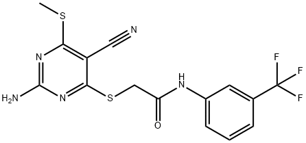 2-{[2-amino-5-cyano-6-(methylsulfanyl)-4-pyrimidinyl]sulfanyl}-N-[3-(trifluoromethyl)phenyl]acetamide Struktur