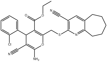 ethyl 6-amino-4-(2-chlorophenyl)-5-cyano-2-{[(3-cyano-6,7,8,9-tetrahydro-5H-cyclohepta[b]pyridin-2-yl)sulfanyl]methyl}-4H-pyran-3-carboxylate Struktur