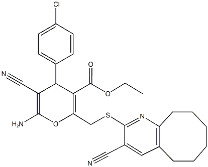 ethyl 6-amino-4-(4-chlorophenyl)-5-cyano-2-{[(3-cyano-5,6,7,8,9,10-hexahydrocycloocta[b]pyridin-2-yl)sulfanyl]methyl}-4H-pyran-3-carboxylate 结构式