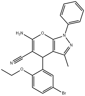 6-amino-4-(5-bromo-2-ethoxyphenyl)-3-methyl-1-phenyl-1,4-dihydropyrano[2,3-c]pyrazole-5-carbonitrile Struktur