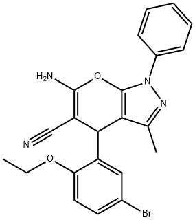 6-amino-4-(5-bromo-2-ethoxyphenyl)-3-methyl-1-phenyl-1,4-dihydropyrano[2,3-c]pyrazole-5-carbonitrile 化学構造式