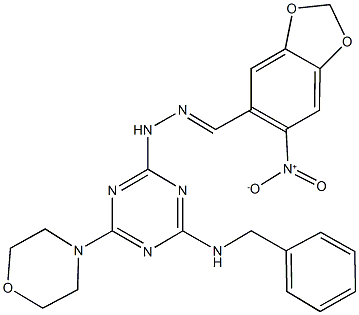 6-nitro-1,3-benzodioxole-5-carbaldehyde [4-(benzylamino)-6-(4-morpholinyl)-1,3,5-triazin-2-yl]hydrazone Structure