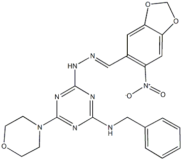 6-nitro-1,3-benzodioxole-5-carbaldehyde [4-(benzylamino)-6-(4-morpholinyl)-1,3,5-triazin-2-yl]hydrazone 化学構造式