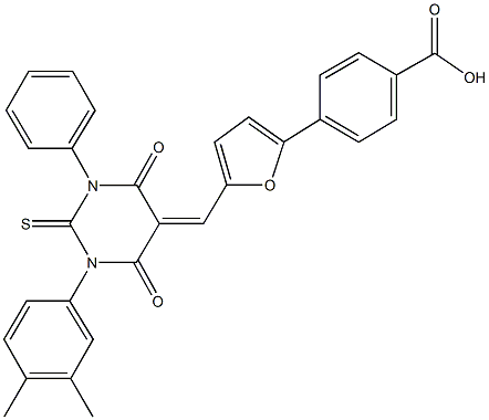 4-{5-[(1-(3,4-dimethylphenyl)-4,6-dioxo-3-phenyl-2-thioxotetrahydro-5(2H)-pyrimidinylidene)methyl]-2-furyl}benzoic acid Structure