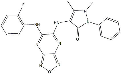 4-{[6-(2-fluoroanilino)[1,2,5]oxadiazolo[3,4-b]pyrazin-5-yl]amino}-1,5-dimethyl-2-phenyl-1,2-dihydro-3H-pyrazol-3-one Structure