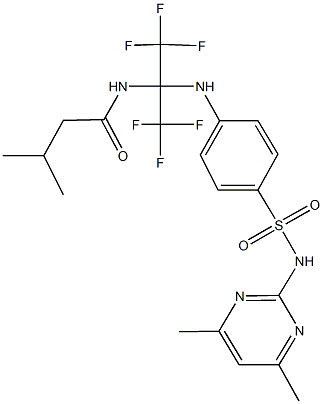N-[1-(4-{[(4,6-dimethyl-2-pyrimidinyl)amino]sulfonyl}anilino)-2,2,2-trifluoro-1-(trifluoromethyl)ethyl]-3-methylbutanamide Struktur