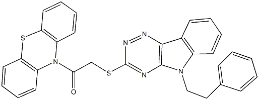 10-({[5-(2-phenylethyl)-5H-[1,2,4]triazino[5,6-b]indol-3-yl]sulfanyl}acetyl)-10H-phenothiazine 化学構造式