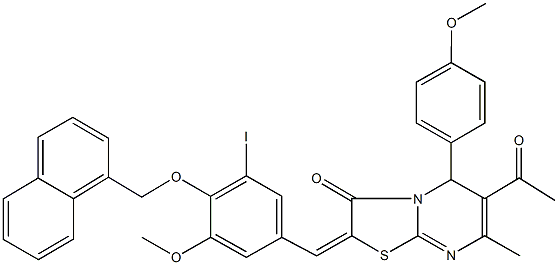 6-acetyl-2-[3-iodo-5-methoxy-4-(1-naphthylmethoxy)benzylidene]-5-(4-methoxyphenyl)-7-methyl-5H-[1,3]thiazolo[3,2-a]pyrimidin-3(2H)-one 化学構造式