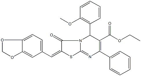 ethyl 2-(1,3-benzodioxol-5-ylmethylene)-5-(2-methoxyphenyl)-3-oxo-7-phenyl-2,3-dihydro-5H-[1,3]thiazolo[3,2-a]pyrimidine-6-carboxylate,339573-51-2,结构式