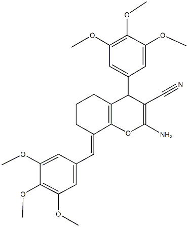 2-amino-8-(3,4,5-trimethoxybenzylidene)-4-(3,4,5-trimethoxyphenyl)-5,6,7,8-tetrahydro-4H-chromene-3-carbonitrile Struktur