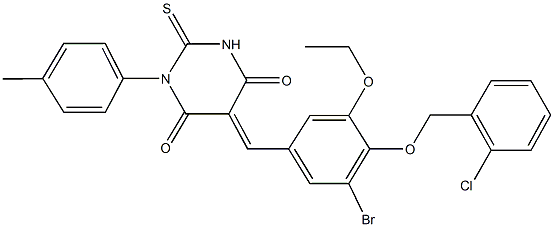 5-{3-bromo-4-[(2-chlorobenzyl)oxy]-5-ethoxybenzylidene}-1-(4-methylphenyl)-2-thioxodihydro-4,6(1H,5H)-pyrimidinedione,340017-88-1,结构式