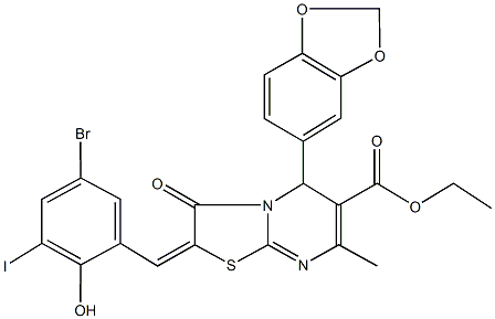 ethyl 5-(1,3-benzodioxol-5-yl)-2-(5-bromo-2-hydroxy-3-iodobenzylidene)-7-methyl-3-oxo-2,3-dihydro-5H-[1,3]thiazolo[3,2-a]pyrimidine-6-carboxylate Structure