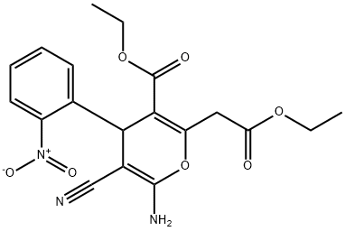 ethyl 6-amino-5-cyano-2-(2-ethoxy-2-oxoethyl)-4-{2-nitrophenyl}-4H-pyran-3-carboxylate Struktur