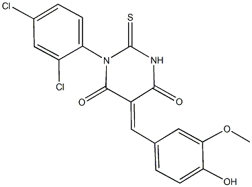 1-(2,4-dichlorophenyl)-5-(4-hydroxy-3-methoxybenzylidene)-2-thioxodihydro-4,6(1H,5H)-pyrimidinedione 化学構造式