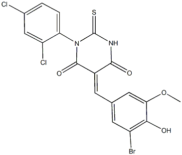 5-(3-bromo-4-hydroxy-5-methoxybenzylidene)-1-(2,4-dichlorophenyl)-2-thioxodihydro-4,6(1H,5H)-pyrimidinedione,340214-05-3,结构式