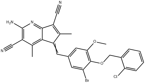 2-amino-5-{3-bromo-4-[(2-chlorobenzyl)oxy]-5-methoxybenzylidene}-4,6-dimethyl-5H-cyclopenta[b]pyridine-3,7-dicarbonitrile Struktur