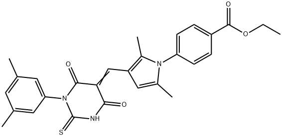 ethyl 4-{3-[(1-(3,5-dimethylphenyl)-4,6-dioxo-2-thioxotetrahydro-5(2H)-pyrimidinylidene)methyl]-2,5-dimethyl-1H-pyrrol-1-yl}benzoate 化学構造式