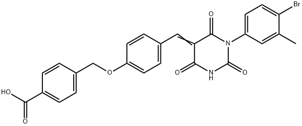 4-({4-[(1-(4-bromo-3-methylphenyl)-2,4,6-trioxotetrahydro-5(2H)-pyrimidinylidene)methyl]phenoxy}methyl)benzoic acid Struktur