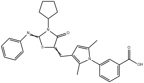 3-(3-{[3-cyclopentyl-4-oxo-2-(phenylimino)-1,3-thiazolidin-5-ylidene]methyl}-2,5-dimethyl-1H-pyrrol-1-yl)benzoic acid 化学構造式