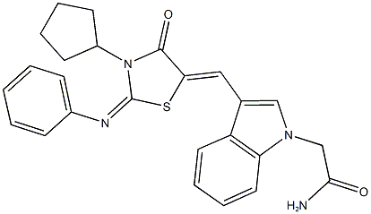 2-(3-{[3-cyclopentyl-4-oxo-2-(phenylimino)-1,3-thiazolidin-5-ylidene]methyl}-1H-indol-1-yl)acetamide 化学構造式