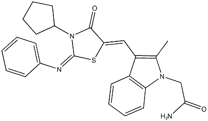 2-(3-{[3-cyclopentyl-4-oxo-2-(phenylimino)-1,3-thiazolidin-5-ylidene]methyl}-2-methyl-1H-indol-1-yl)acetamide Struktur