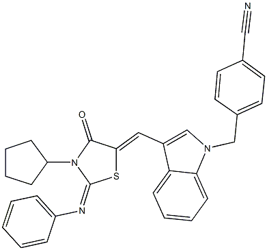 4-[(3-{[3-cyclopentyl-4-oxo-2-(phenylimino)-1,3-thiazolidin-5-ylidene]methyl}-1H-indol-1-yl)methyl]benzonitrile,340277-62-5,结构式