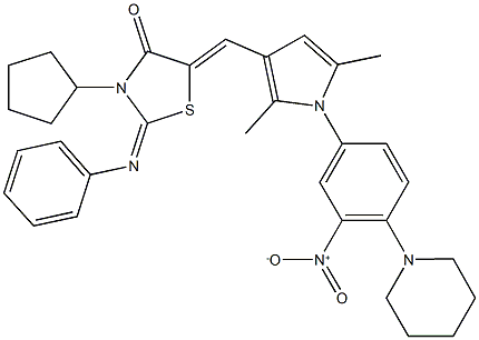 3-cyclopentyl-5-({1-[3-nitro-4-(1-piperidinyl)phenyl]-2,5-dimethyl-1H-pyrrol-3-yl}methylene)-2-(phenylimino)-1,3-thiazolidin-4-one Struktur