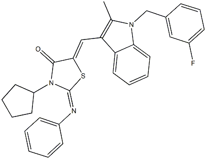 3-cyclopentyl-5-{[1-(3-fluorobenzyl)-2-methyl-1H-indol-3-yl]methylene}-2-(phenylimino)-1,3-thiazolidin-4-one 结构式