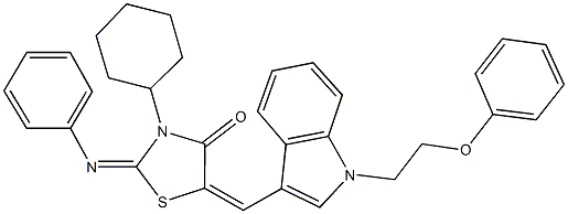 3-cyclohexyl-5-{[1-(2-phenoxyethyl)-1H-indol-3-yl]methylene}-2-(phenylimino)-1,3-thiazolidin-4-one 化学構造式