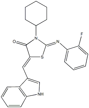 3-cyclohexyl-2-[(2-fluorophenyl)imino]-5-(1H-indol-3-ylmethylene)-1,3-thiazolidin-4-one Structure