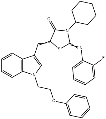 3-cyclohexyl-2-[(2-fluorophenyl)imino]-5-{[1-(2-phenoxyethyl)-1H-indol-3-yl]methylene}-1,3-thiazolidin-4-one,340281-27-8,结构式