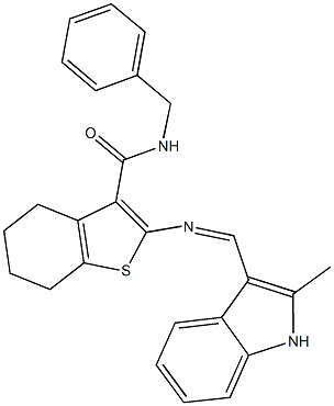 N-benzyl-2-{[(2-methyl-1H-indol-3-yl)methylene]amino}-4,5,6,7-tetrahydro-1-benzothiophene-3-carboxamide Struktur