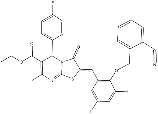 ethyl 2-{2-[(2-cyanobenzyl)oxy]-3,5-diiodobenzylidene}-5-(4-fluorophenyl)-7-methyl-3-oxo-2,3-dihydro-5H-[1,3]thiazolo[3,2-a]pyrimidine-6-carboxylate Structure